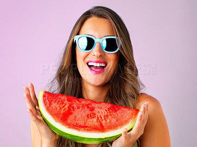 Buy stock photo Laugh, woman and portrait with watermelon snack in studio for summer style, confident or smile with nutrition. Gen z model, fruit and sunglasses on pink background for diet, vitamins or healthy food