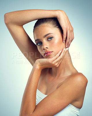 Buy stock photo Skincare, glow and portrait of woman in studio with beauty, confidence and natural face routine. Cosmetic, health and female person from Italy with facial dermatology treatment by gray background.