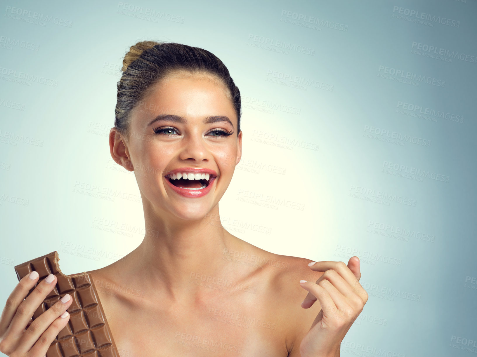 Buy stock photo Studio, idea and woman with chocolate for eating, snack and dessert for female person. Happiness, girl and sweets for mood enhance, candy and cognitive benefits for memory by gray background
