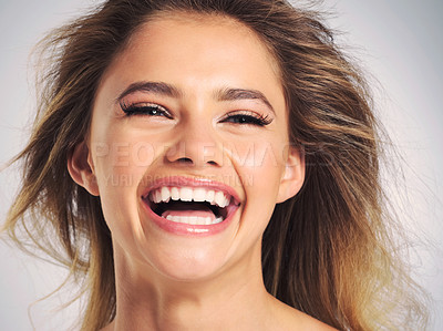 Buy stock photo Happy, haircare and face of woman in studio, texture and smile for treatment of hair, healthy and salon. Portrait, excited and girl in white background, growth and strength for hairstyle or cosmetics