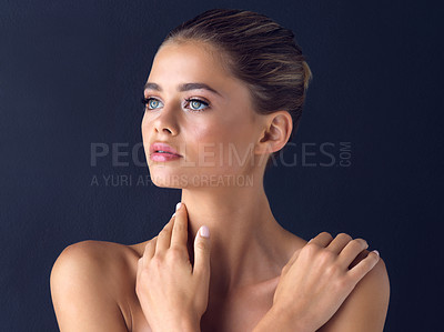 Buy stock photo Face, thinking and woman with skincare for beauty on black background with foundation, shine or glow. Ideas, confident model or proud girl in studio with cosmetics, hydration or makeup for results