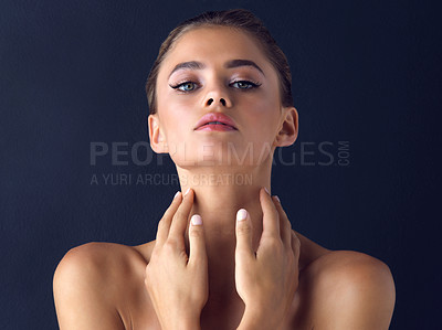 Buy stock photo Portrait, makeup and woman with skincare for beauty on black background with foundation, shine or glow. Ideas, confident model or proud girl in studio with cosmetics, hydration or glamour for results