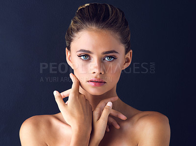 Buy stock photo Skincare, natural and portrait of woman in studio with beauty, glow and facial hydration routine. Cosmetic, face and female person from Canada with dermatology treatment isolated by black background.