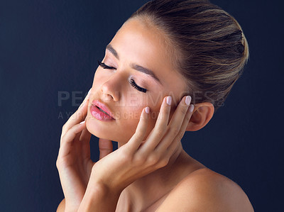 Buy stock photo Relax, makeup and girl with skincare for beauty on black background with foundation, shine or glow. Ideas, confident model or calm woman in studio with cosmetics, hydration or glamour for results