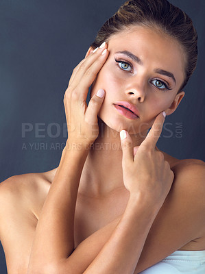 Buy stock photo Soft, portrait and woman with skincare for beauty on black background with foundation, shine or glow. Face, confident model or proud girl in studio with cosmetics, hydration or makeup for results 