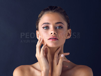 Buy stock photo Studio, portrait and woman face with calm for beauty, wellness and skincare for health pride with touch. Girl model, confidence and cosmetics treatment for results, glowing tone and dark background