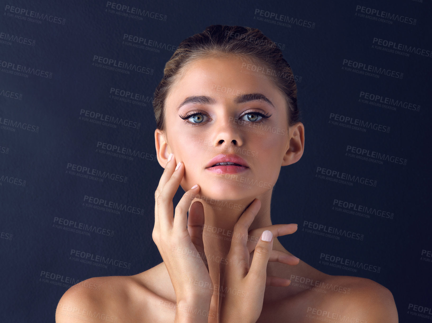 Buy stock photo Studio, portrait and woman face with calm for beauty, wellness and skincare for health pride with touch. Girl model, confidence and cosmetics treatment for results, glowing tone and dark background