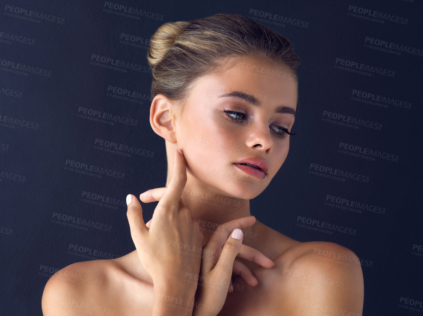 Buy stock photo Wellness, thinking or woman with skincare for beauty on black background with foundation, shine or glow. Ideas, confident model or proud girl in studio with cosmetics, hydration or makeup for results