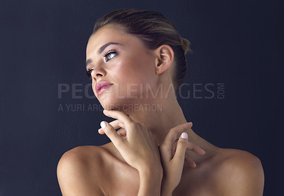 Buy stock photo Model, thinking and woman with skincare for beauty on black background with foundation, shine or glow. Ideas, confident person or proud girl in studio with cosmetics, hydration or makeup for results