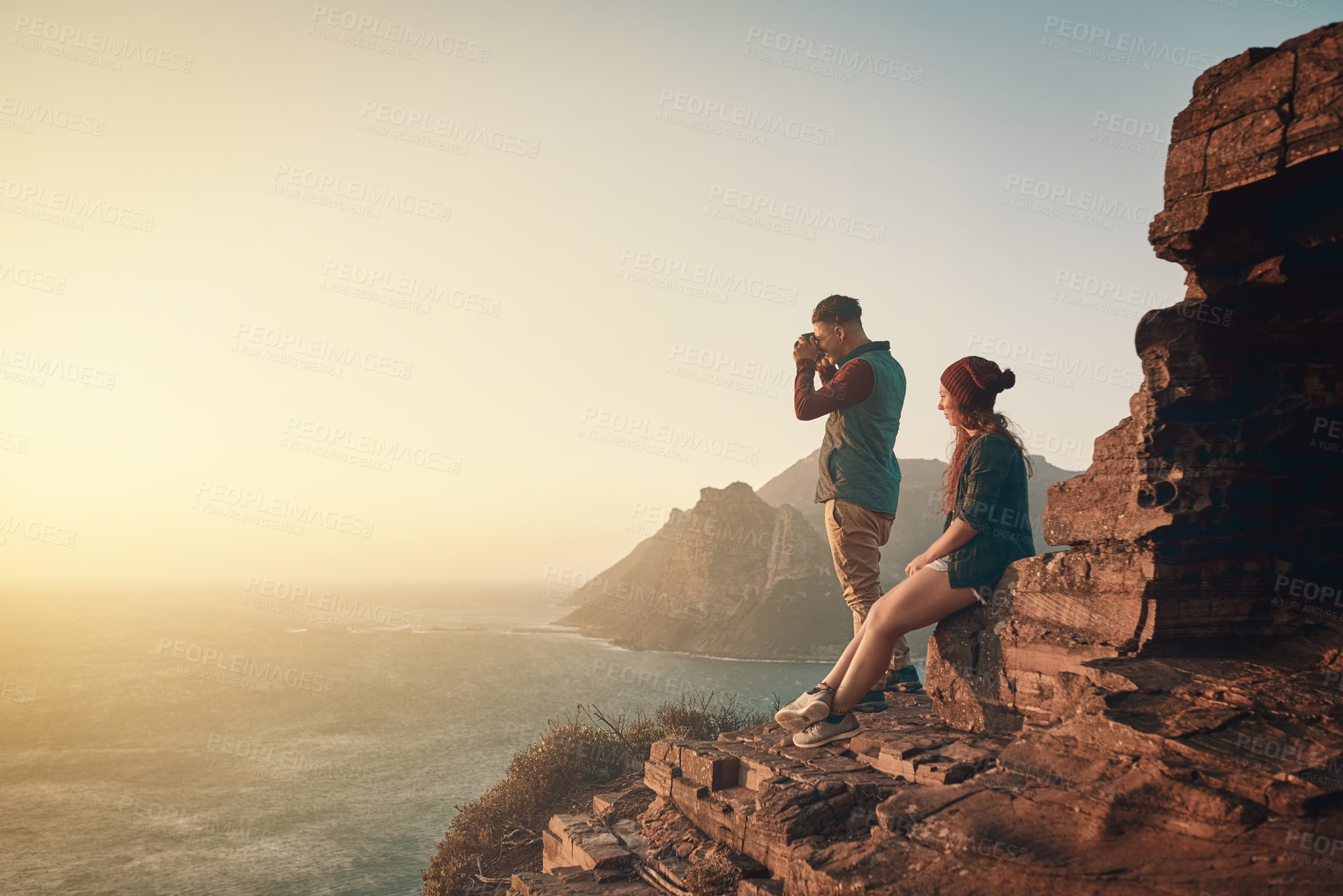 Buy stock photo Hiking, man and woman on mountain photography, adventure and travel for mock up space. Tourist couple, trekking and holiday in nature for date together with sunrise in morning for summer in Italy