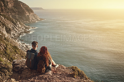 Buy stock photo Back view, relax, couple on mountain for adventure, love and landscape for outdoor date. Woman, man and calm or zen in nature or countryside for vacation together with sunrise in summer for morning