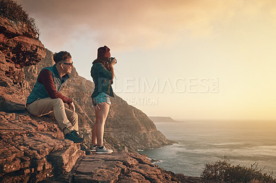 Buy stock photo Camera, man and woman on mountain for photography, hiking or adventure and landscape. Tourists, couple and happy in nature or mockup destination for vacation together with sunrise in summer 