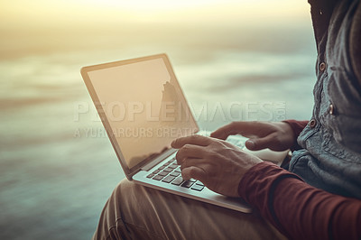 Buy stock photo Nature, laptop screen and hands of person at beach for research, wave study or climate change. Outdoor, oceanography and scientist with technology for ecosystem, biodiversity or circulation patterns