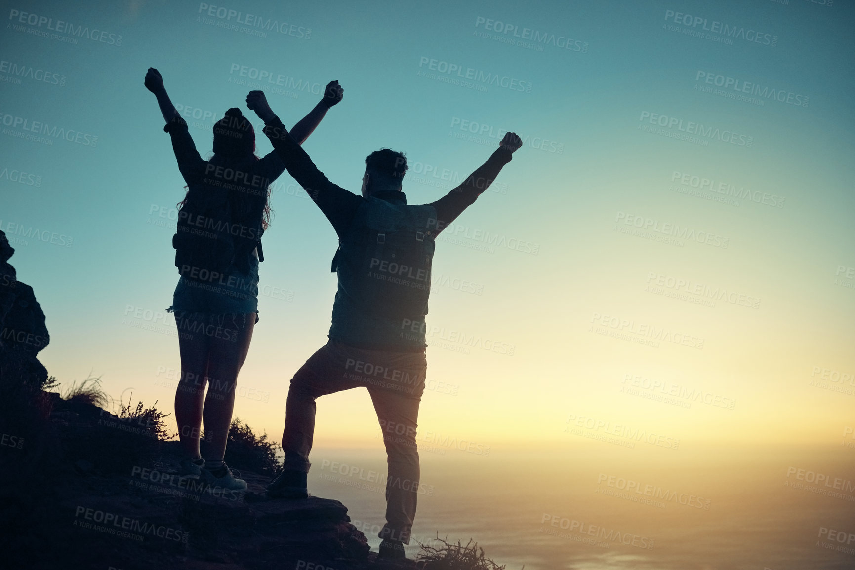 Buy stock photo Back, people and silhouette with achievement, summit and celebration for challenge, sport and activity. Hiking in USA, happy couple and mountain for exercise, adventure and outdoor with mockup space