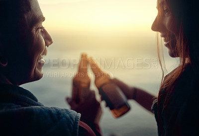 Buy stock photo Toast, happy couple and rest with beer, mountain or celebration for challenge, health or activity. Hiker, people and summit for bonding, adventure or together with alcohol, travel and cheers in USA
