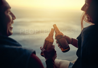 Buy stock photo Toast, happy couple and nature with beer, ocean or celebration for challenge, relax or activity. Hiker, people and alcohol in bonding, adventure or together for achievement, travel or cheers in USA