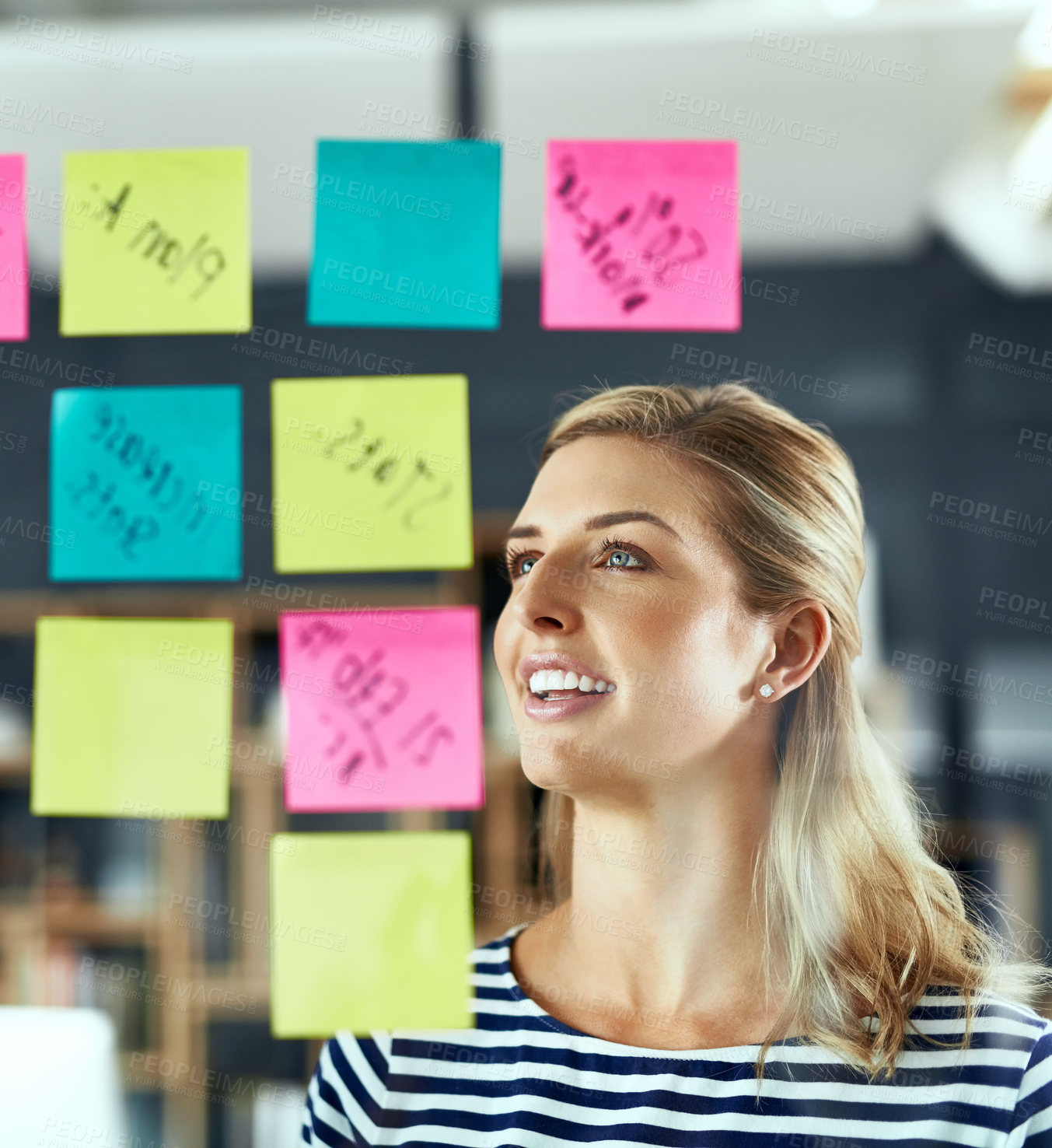 Buy stock photo Smile, woman and sticky notes on glass for writing ideas, planning or schedule management of startup growth. Employee, paper and creative agenda, inspiration goals and productivity solution in office