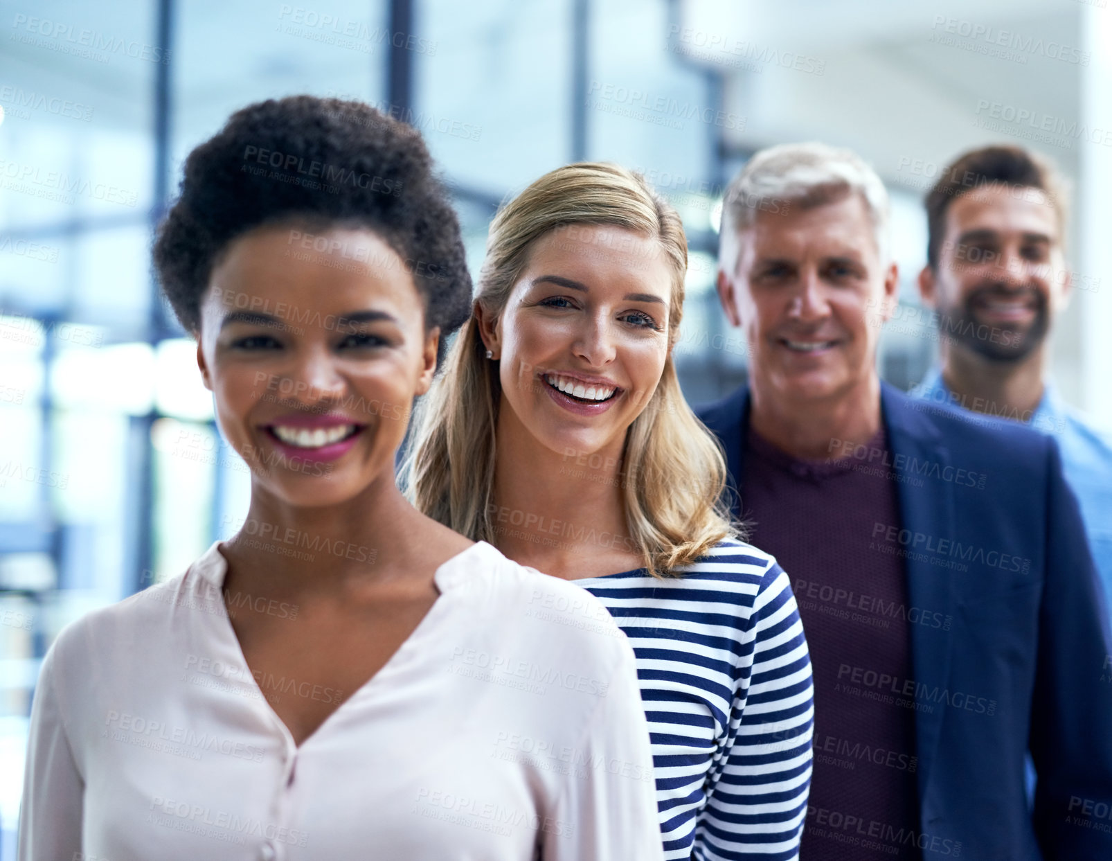 Buy stock photo Portrait, leader and business woman with team in line for diversity or inclusion at startup. Face, smile and people with manager for cooperation, collaboration and solidarity with creative copywriter