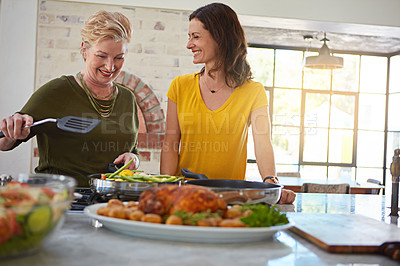 Buy stock photo Shot of a senior woman and her daughter cooking in the kitchen