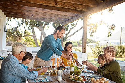 Buy stock photo Happy grandparents, parents and children for lunch, supper and eating dinner together for Christmas. Celebration, family and kids for bonding, relax and talking for nutrition, health and wellness