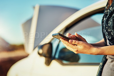 Buy stock photo Breakdown, car and hands of woman with phone for help or search for roadside assistance and auto insurance. Emergency, transport and lady with engine problems, smartphone and text for online service.