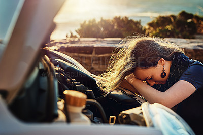 Buy stock photo Car breakdown, sadness and frustrated woman crying for help from roadside assistance and auto insurance service. Emergency, transport and lady with broken engine problem, defeat and road trip crisis.