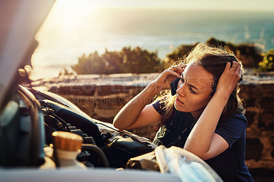 Buy stock photo Breakdown, car insurance and phone call for woman stress in help, roadside assistance and auto services. Emergency, transport and lady with engine problem, smartphone and road trip crisis at sunset