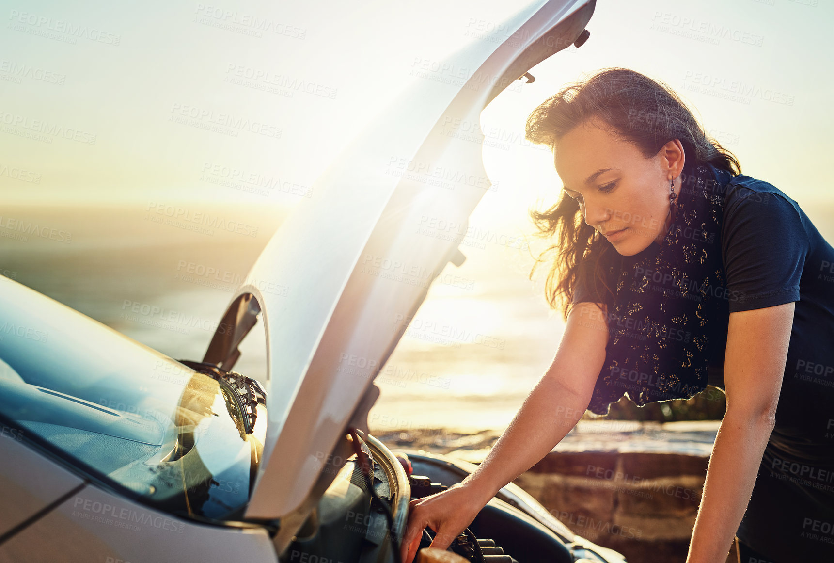 Buy stock photo Breakdown, car and woman checking engine problem waiting for roadside assistance and auto insurance service. Emergency, transport crisis and girl on road trip with motor problems looking under hood.