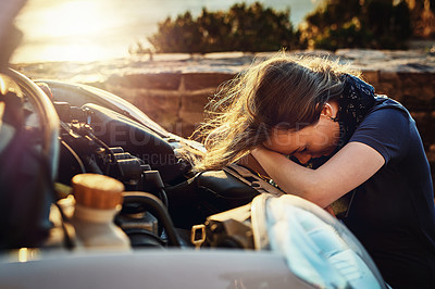 Buy stock photo Breakdown, car and stress, sad woman in need of help from roadside assistance and auto service. Emergency, transport and frustrated lady with engine problem, travel and road trip crisis at sunset.