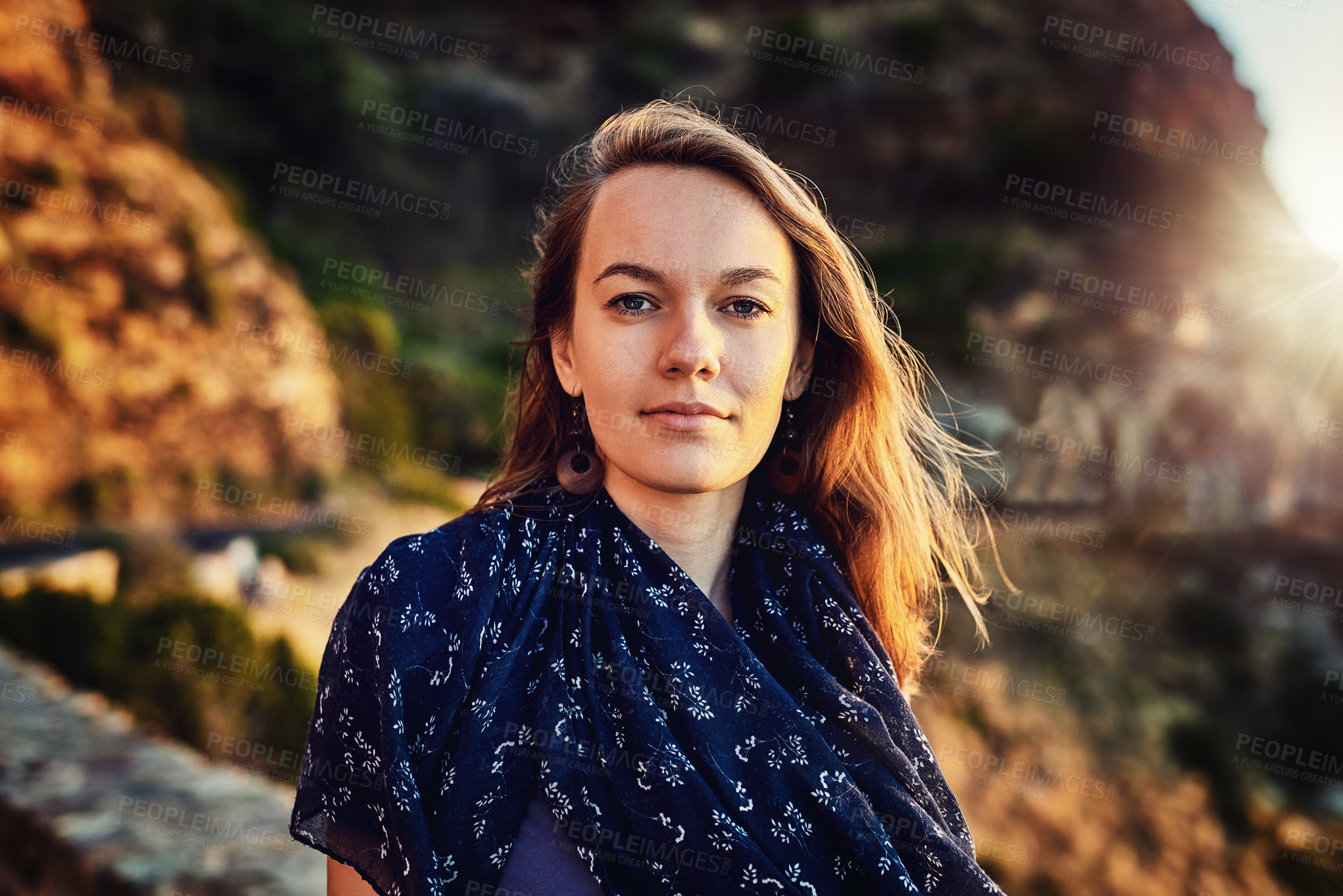 Buy stock photo Portrait, young woman and relax outdoors or tourist for vacation in summer or europe fresh air in nature and on mountains. Face, female person and natural tour or sunlight or travelling and holiday 