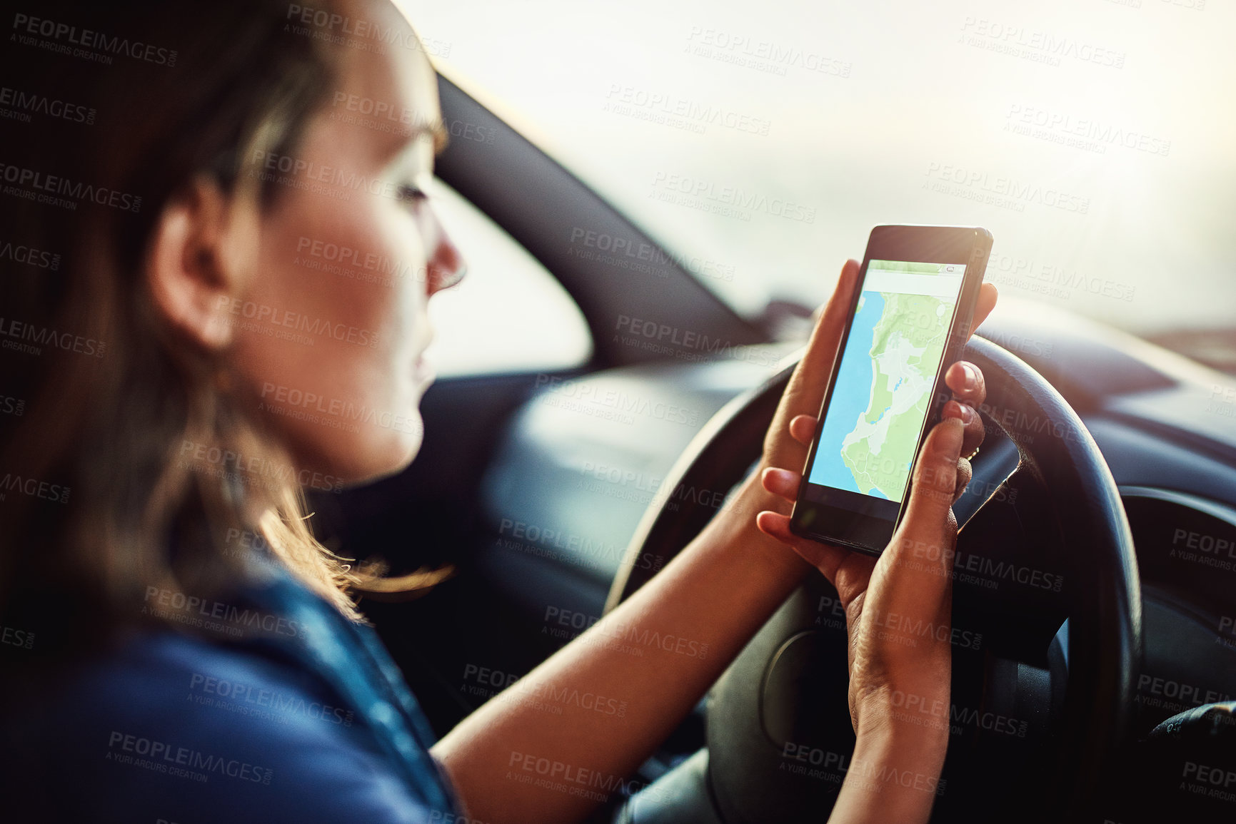 Buy stock photo Phone screen, search and girl with map in car for travel, planning or checking traffic for road trip. Smartphone, location or taxi driver with digital navigation app, direction or chauffeur service