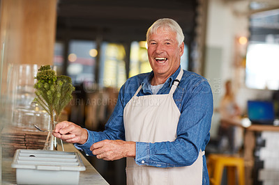 Buy stock photo Portrait of a confident senior business owner posing with an apron on in his coffee shop