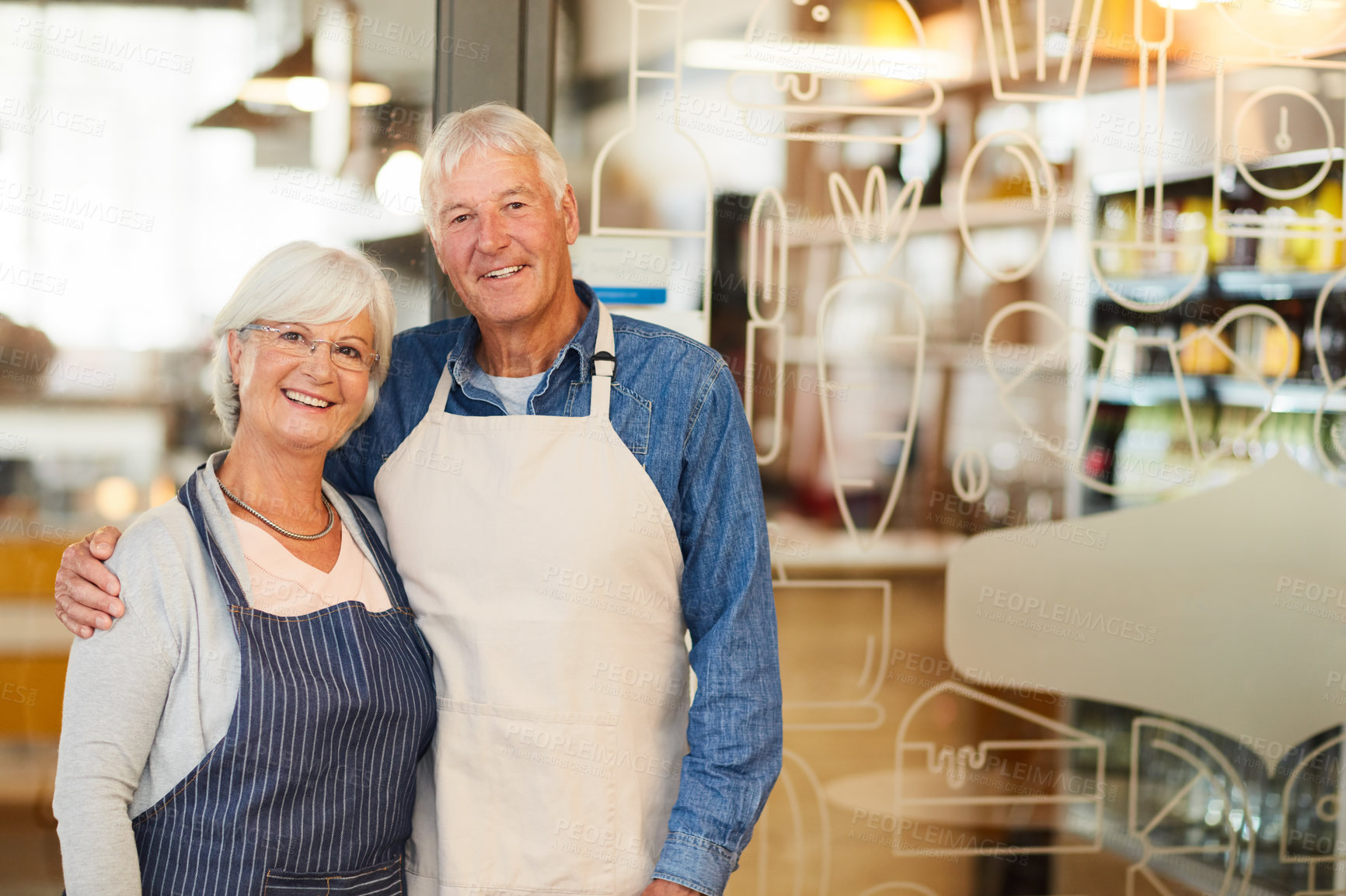 Buy stock photo Hug, portrait and smile of old couple in coffee shop together for hospitality or startup management. Friendly, love and welcome with senior people embracing in cafe or restaurant for small business