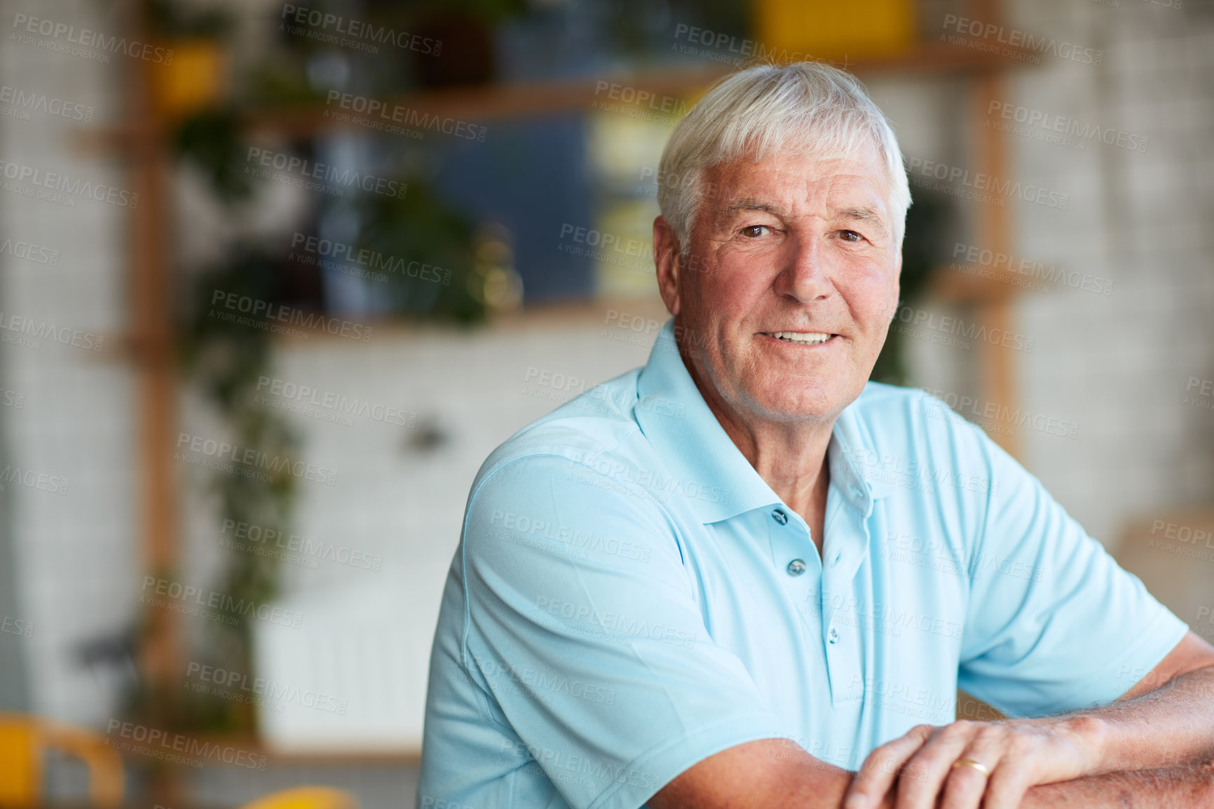 Buy stock photo Cropped portrait of a senior man sitting in his local coffee shop