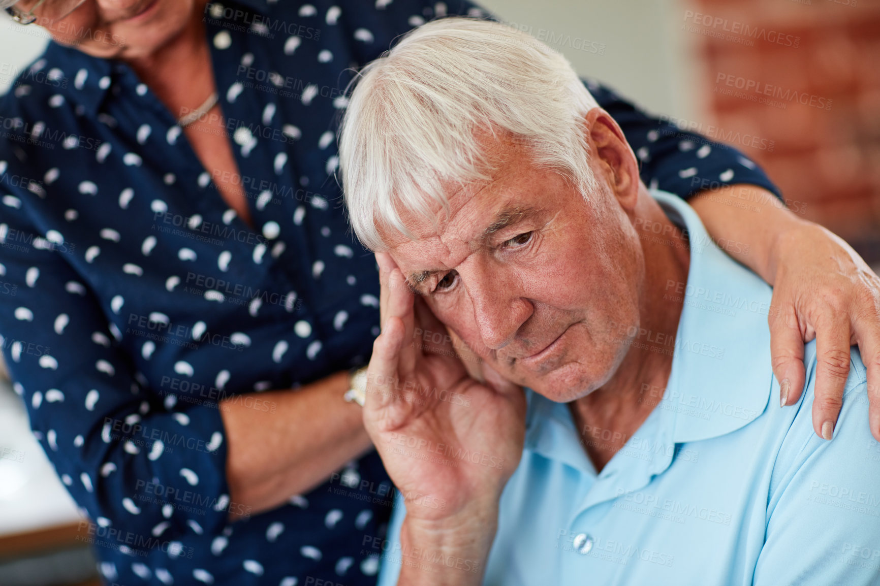 Buy stock photo Depression, retirement and senior man in home for memory, thinking or remember past. Worry, sad and thoughtful  elderly person with woman for Alzheimer's, mental health or dementia with nostalgia