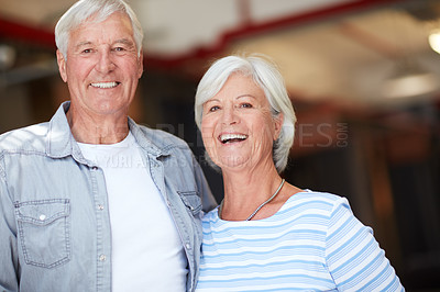 Buy stock photo Cropped portrait of happy senior couple standing side by side