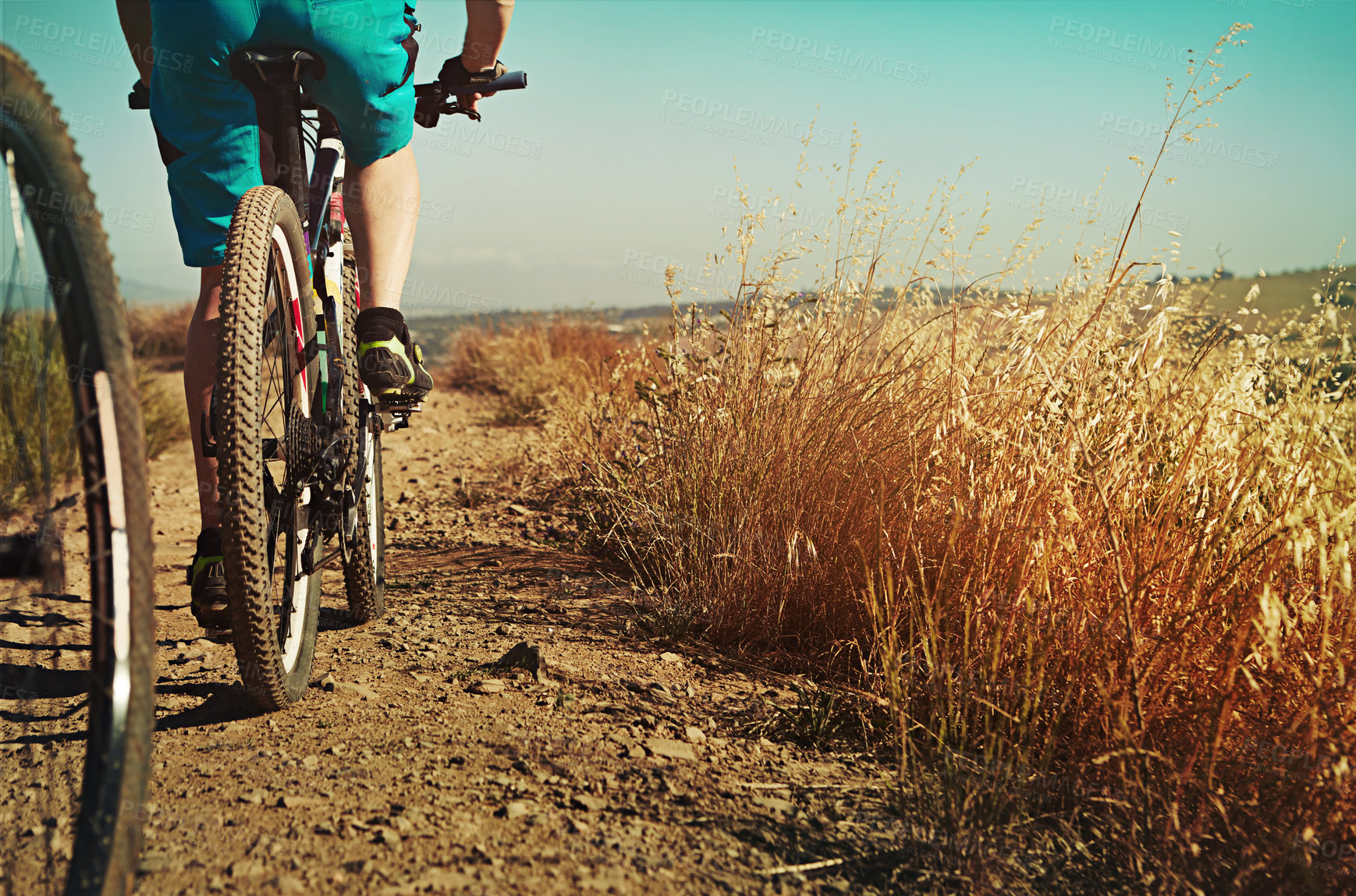 Buy stock photo Cropped shot of a man out cycling in the countryside