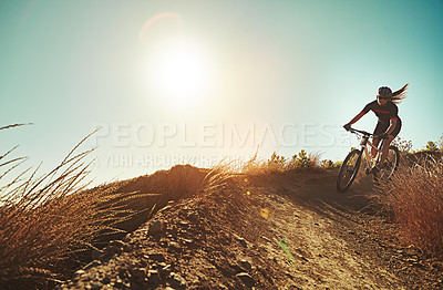 Buy stock photo Morning, extreme cycling and mountain bike with fitness, training and sport on hill and dirt path. Bicycle, person and cardio of athlete with cyclist and exercise for race workout outdoor with mockup