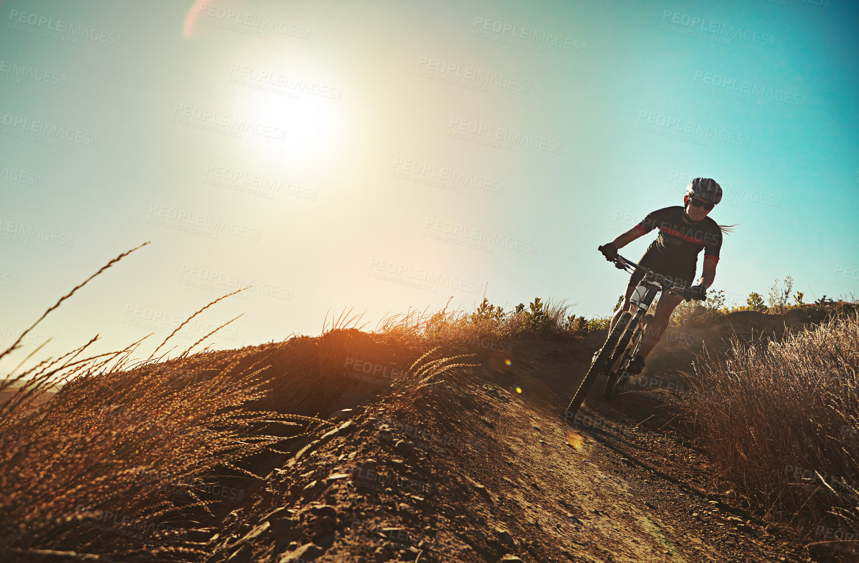 Buy stock photo Morning, cycling and mountain bike with adventure, training and extreme sport on hill and dirt path. Bicycle, person and cardio of athlete with cyclist and exercise for workout outdoor with fitness