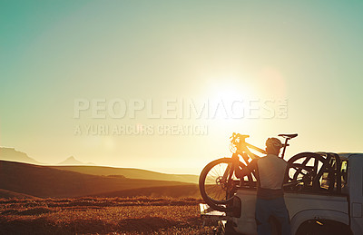 Buy stock photo Sports, nature and man with bicycle in car for training, workout and exercise in countryside. Fitness, cycling and mountain bike in vehicle for outdoor adventure, travel journey and transportation