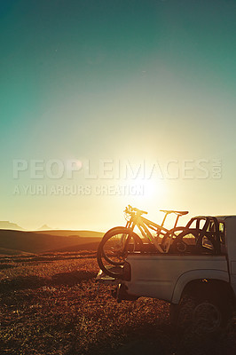 Buy stock photo Sports, morning and bicycle on car outdoors for training, workout and exercise in countryside. Fitness, cycling and mountain bike in vehicle for adventure, travel journey and transport at sunrise