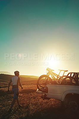 Buy stock photo Fitness, morning and man with bicycle in car for training, workout and exercise in countryside. Nature, cycling and mountain bike in vehicle for outdoor adventure, travel journey and transportation