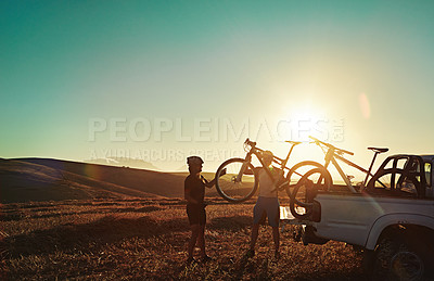 Buy stock photo Fitness, friends and men with bicycle in nature for training, workout and exercise in countryside. Sports, cycling and people on mountain bike for outdoor adventure, travel and transport in morning