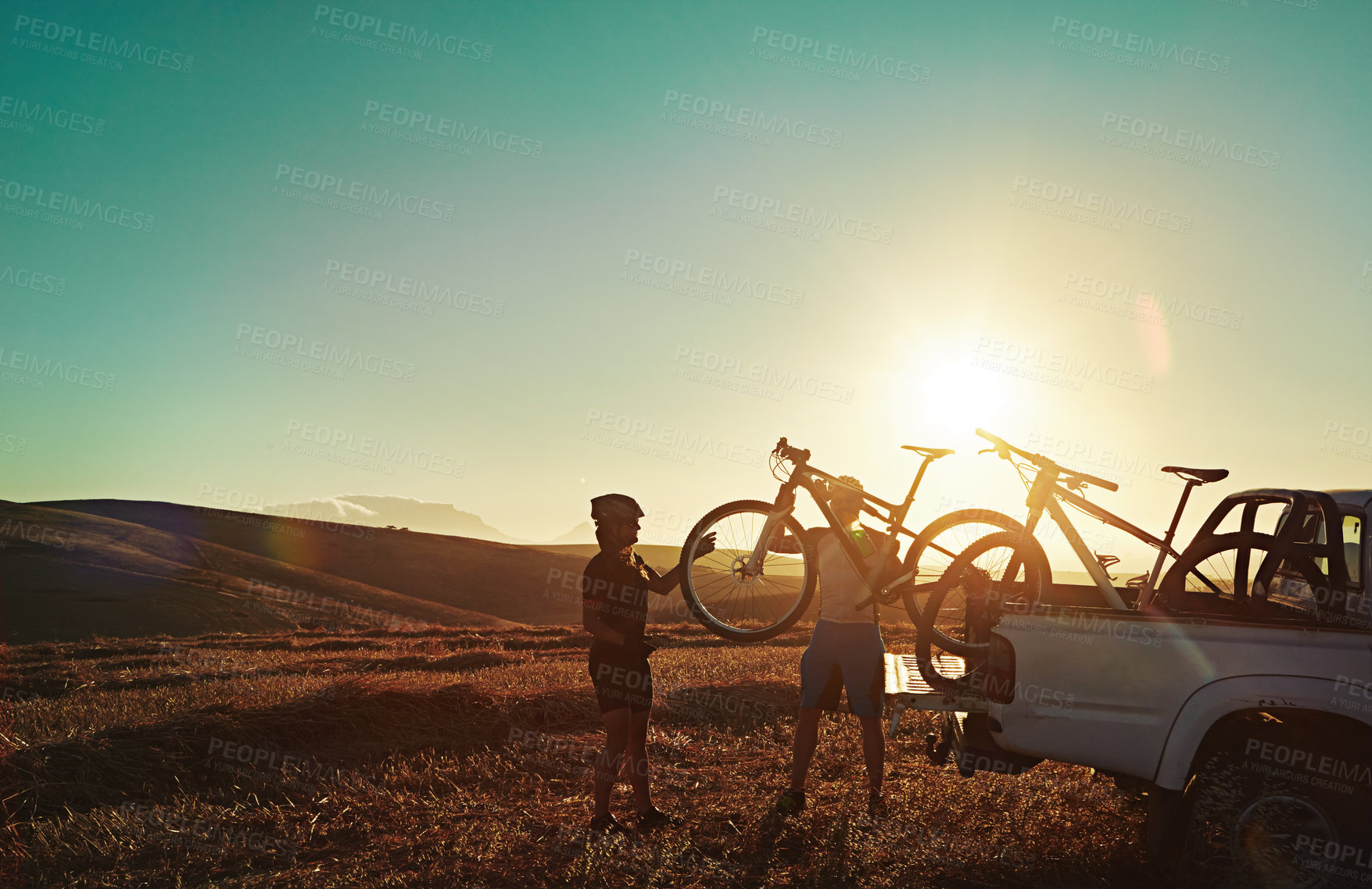 Buy stock photo Fitness, friends and men with bicycle in nature for training, workout and exercise in countryside. Sports, cycling and people on mountain bike for outdoor adventure, travel and transport in morning