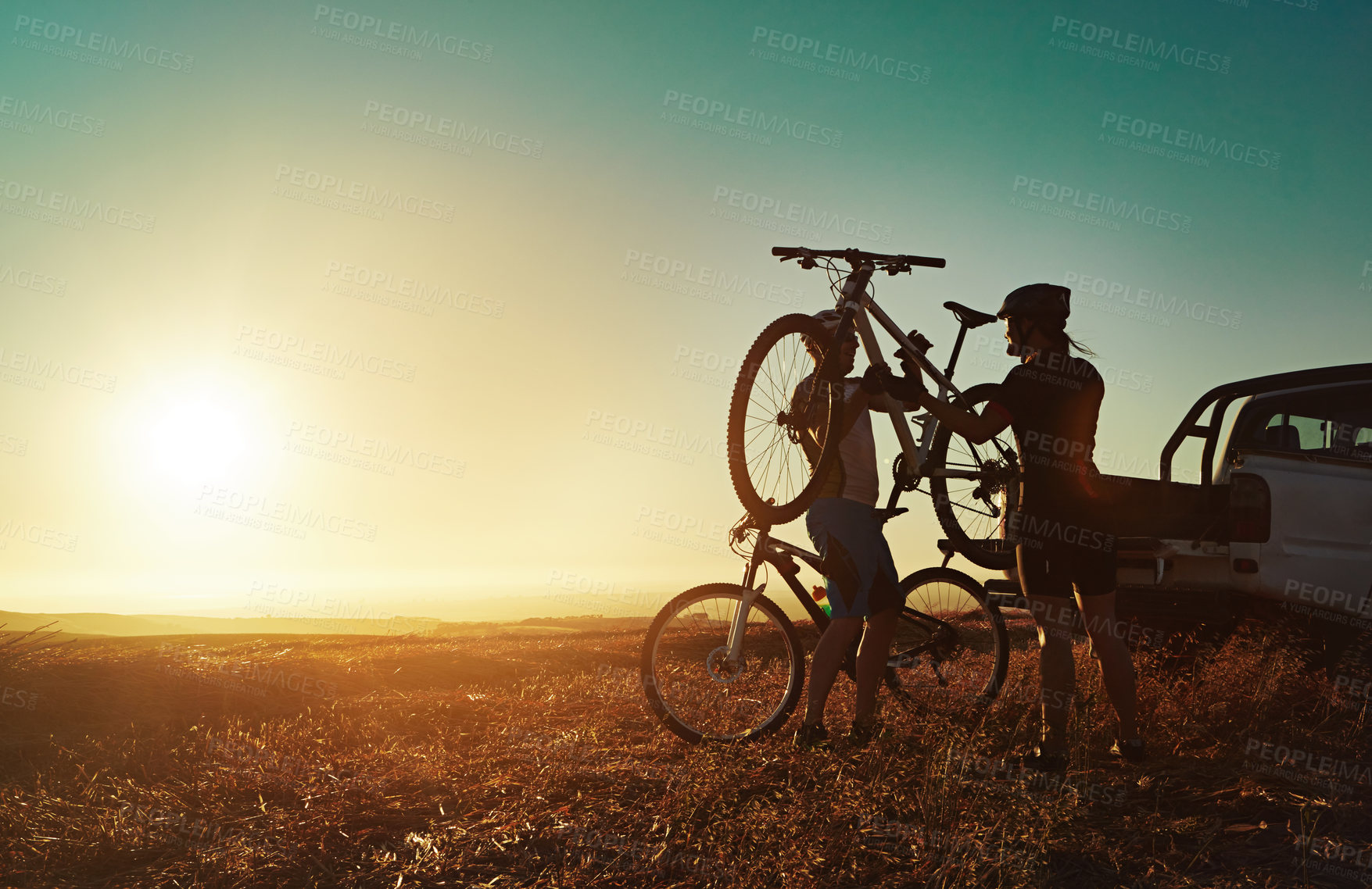 Buy stock photo Sports, morning and people with bicycle in car for training, workout and exercise in countryside. Fitness, cycling and friends with mountain bike in trunk for outdoor adventure, travel and transport