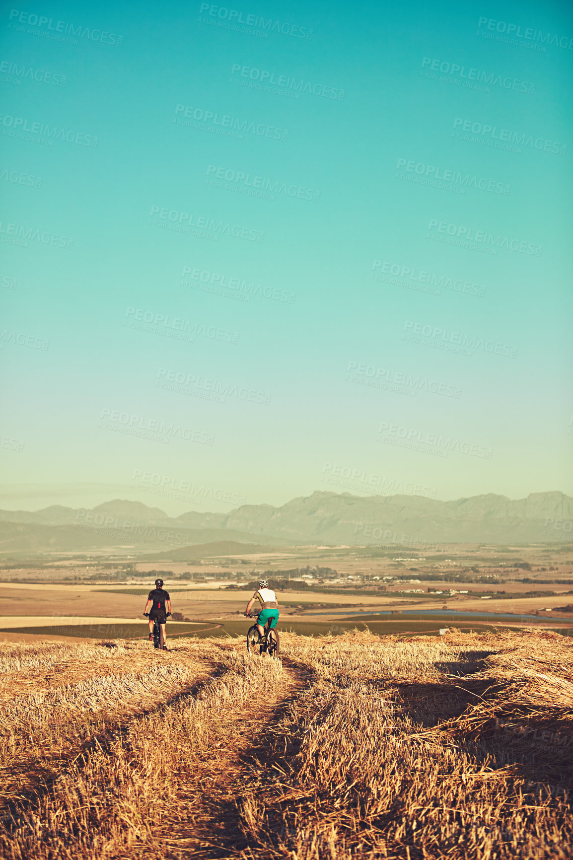 Buy stock photo Friends, cycling and off road adventure with mountain bike, sports performance and endurance exercise. Mockup space, back and people on trail with bicycle, training and outdoor for bonding together.