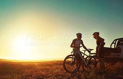 Buy stock photo Fitness, friends and people with bicycle in car for training, workout and exercise in countryside. Sports, cycling and cyclists with mountain bike in trunk for outdoor adventure, travel and transport