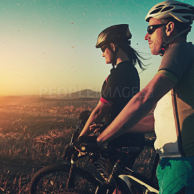 Buy stock photo Fitness, morning and people with bicycle in nature for training, workout or exercise in countryside. Sports, cycling and friends on mountain bike for outdoor adventure, travel or transport at sunrise