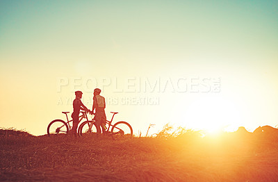 Buy stock photo Fitness, sunrise and people with bicycle in morning for training, workout and exercise in countryside. Sports, cycling and friends on mountain bike for adventure, travel and transport in nature