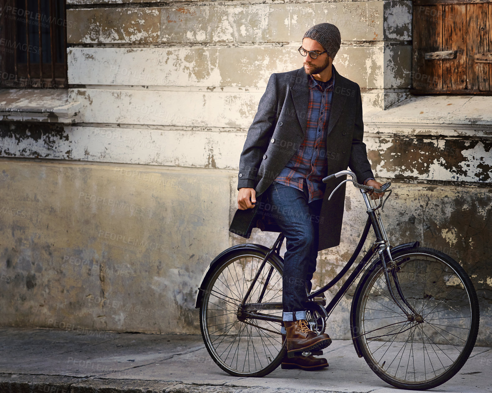 Buy stock photo Bicycle, vintage and man in city for travel on winter vacation, adventure or holiday with retro style. Fashion, stylish and male person on bike for cycling with beanie and coat for outfit in town.